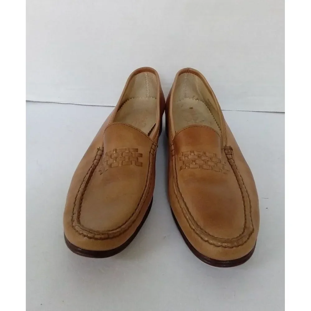 Classic Tan Leather Loafers Woven Detail‎ Slip-On Comfort Dress Shoes